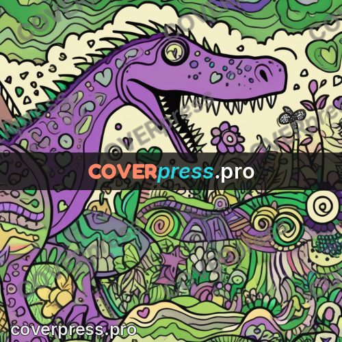 Doodle drawing: dinosaur among grass and flowers