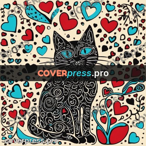 Doodle drawing: cat among hearts