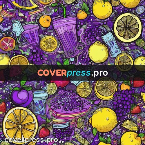 Doodle drawing: fruit and cups on purple