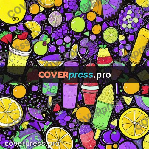 Doodle drawing: fruit and cups on purple