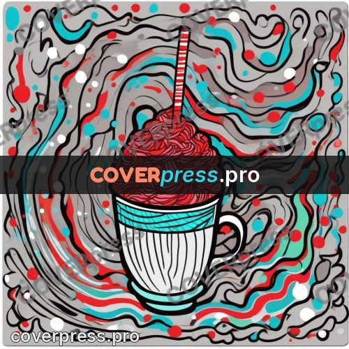 Doodle drawing: cup of drink among swirls