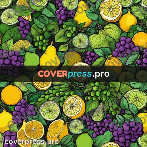 Doodle drawing: lemons and grapes among leaves