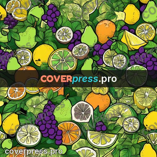 Doodle drawing: lemons and grapes among leaves