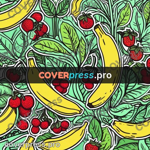 Doodle drawing: bananas among leaves and berries