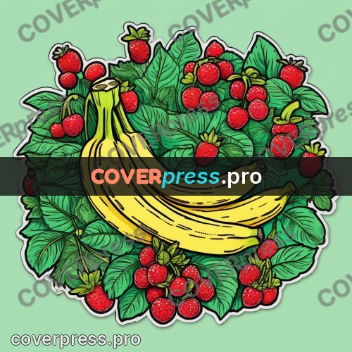 Doodle drawing: bananas among leaves and berries