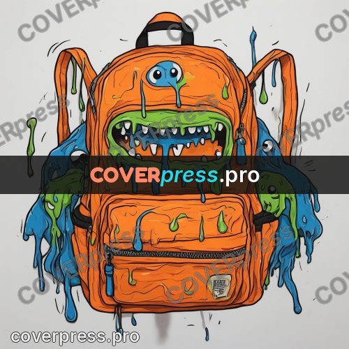 Doodle illustration: orange backpack with monsters