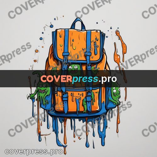 Doodle illustration: orange backpack with monsters
