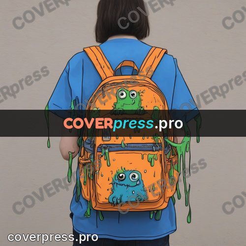 Doodle illustration: orange backpack with monsters
