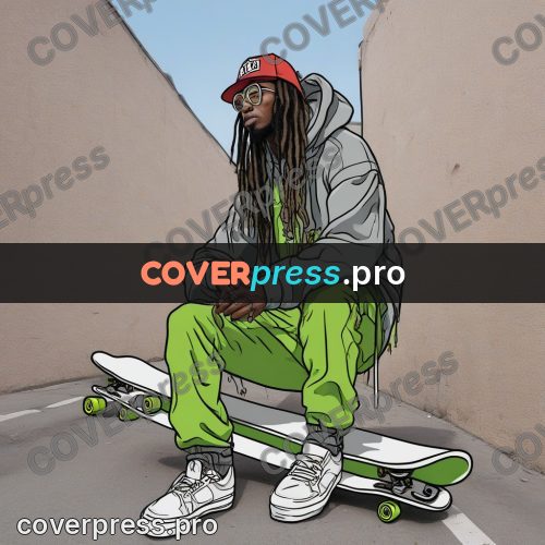 Doodle illustration: skater crouching with a board