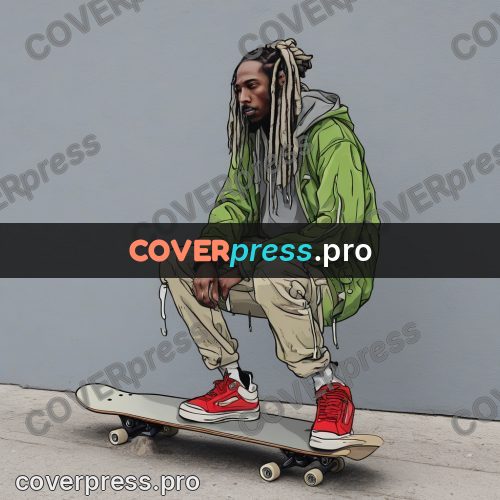 Doodle illustration: skater crouching with a board