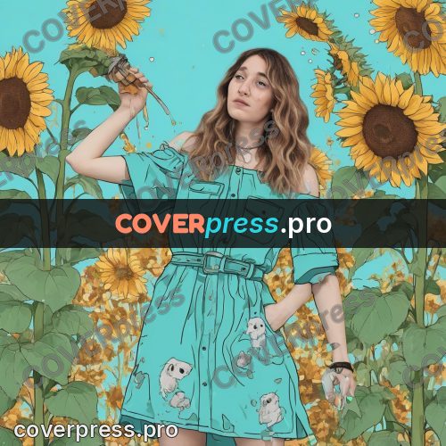 Doodle illustration: woman among sunflowers