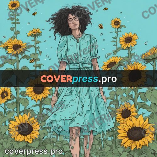Doodle illustration: woman among sunflowers