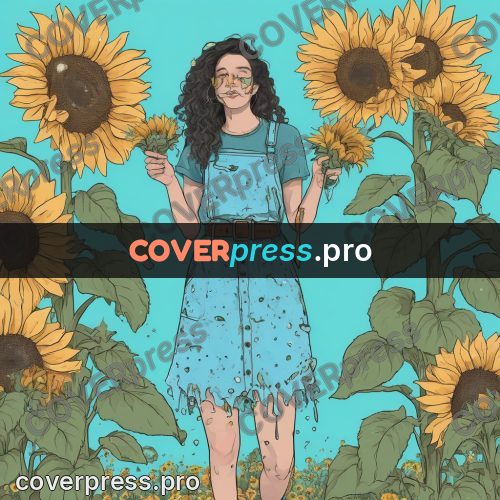 Doodle illustration: woman among sunflowers