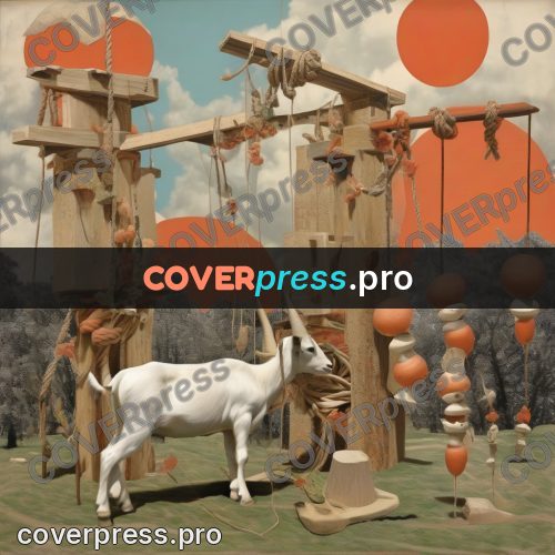 Collage artwork: goat among wooden scaffolds