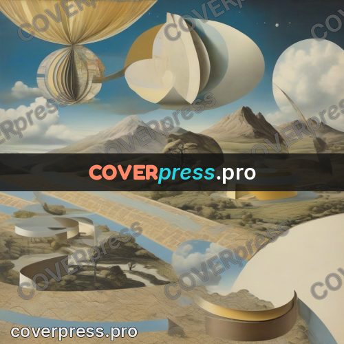 Collage artwork: circles and spirals above a plain