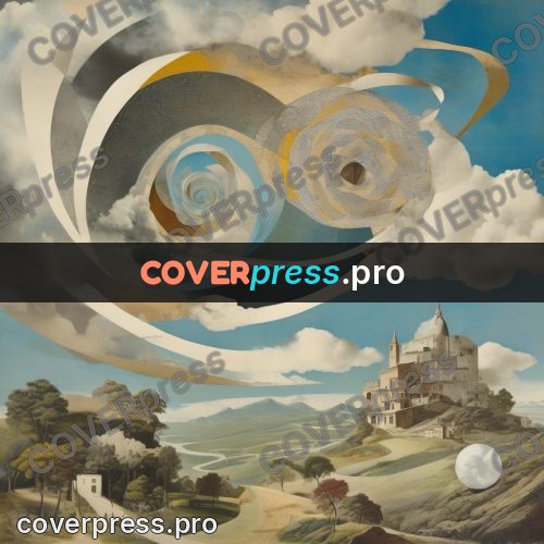 Collage artwork: circles and spirals above a plain