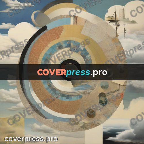 Collage artwork: circles and spirals above a plain