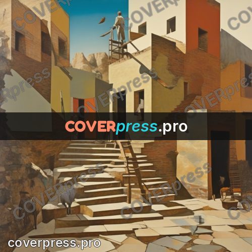 Collage artwork: ladder at a mud-brick house