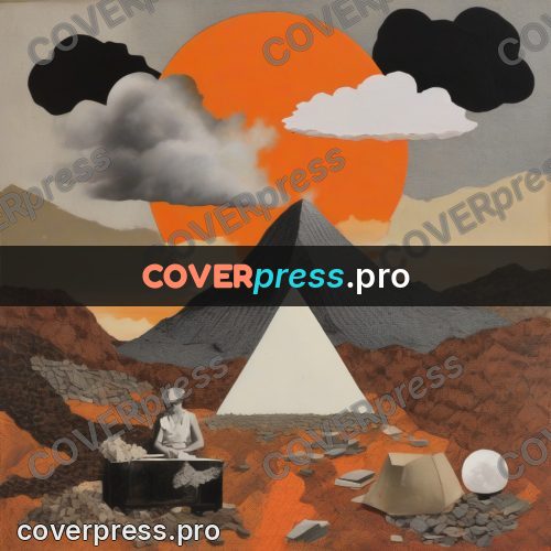 Collage artwork: mountain and an orange sun