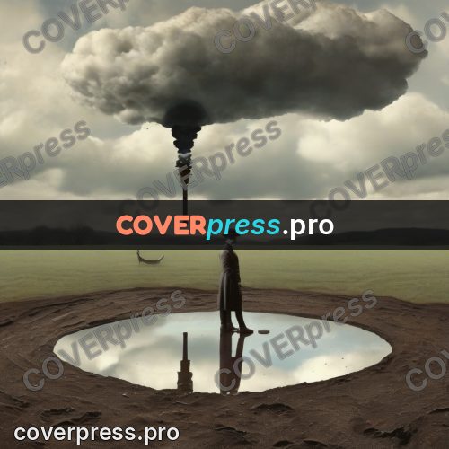 Collage artwork: man by a round puddle