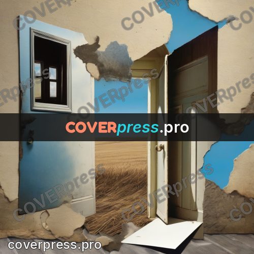 Collage artwork: open door in a cloud wall