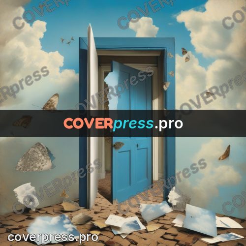 Collage artwork: open door in a cloud wall