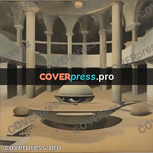 Collage artwork: sphere in a columned hall
