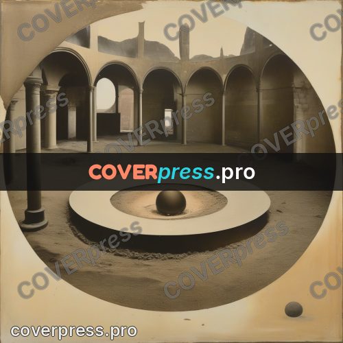 Collage artwork: sphere in a columned hall