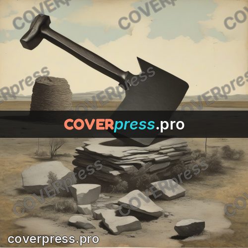 Collage artwork: giant hammer on stones