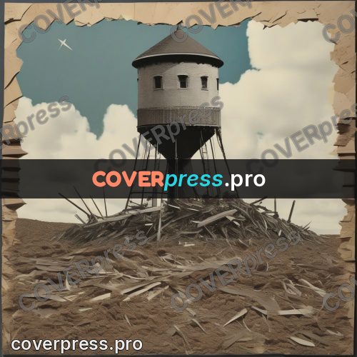 Collage artwork: water tower on a mound