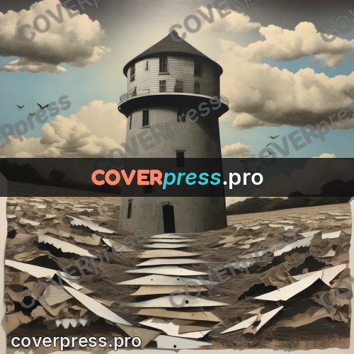 Collage artwork: water tower on a mound