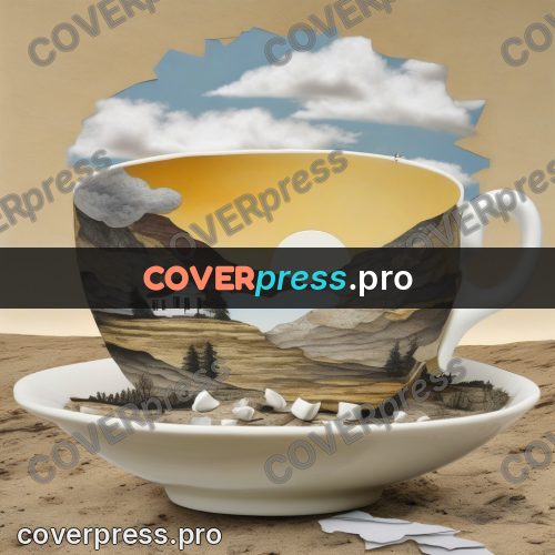 Collage artwork: cup with a landscape inside