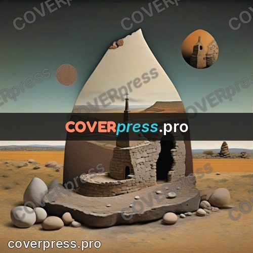 Collage artwork: clay tower on boulders