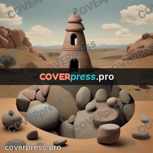 Collage artwork: clay tower on boulders