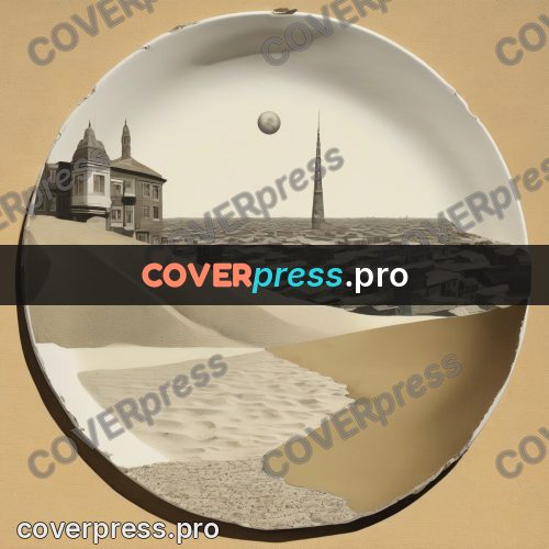 Collage artwork: sand-buried town on a plate
