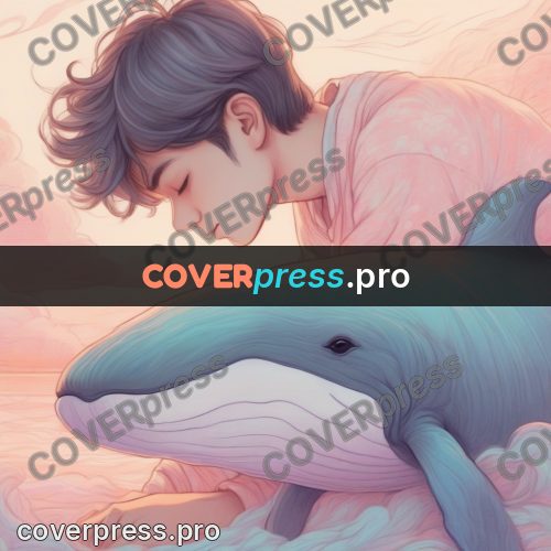 Dreamy illustration: whale in pink clouds