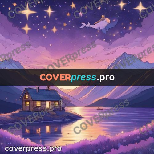 Dreamy illustration: mountains and a lakeside house