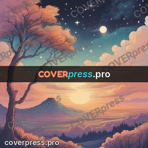 Dreamy illustration: evening sky over a forest