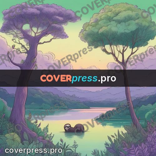 Dreamy illustration: sloth by a forest lake