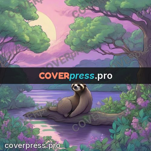Dreamy illustration: sloth by a forest lake