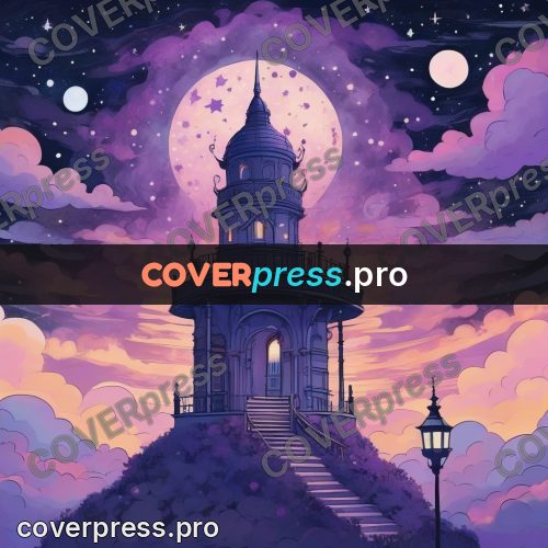 Dreamy illustration: lilac sky with moon and clouds