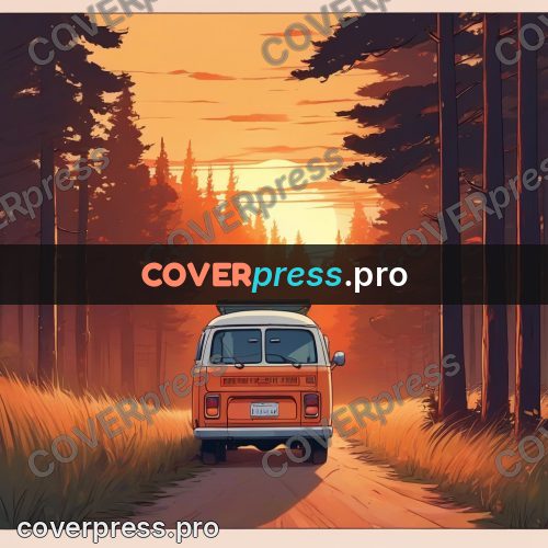 Dreamy illustration: van on a road at sunset