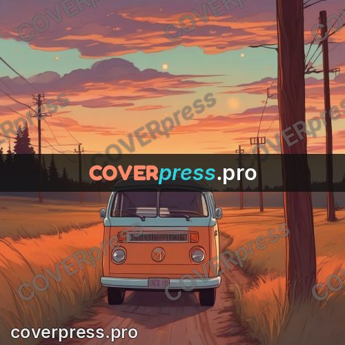 Dreamy illustration: van on a road at sunset