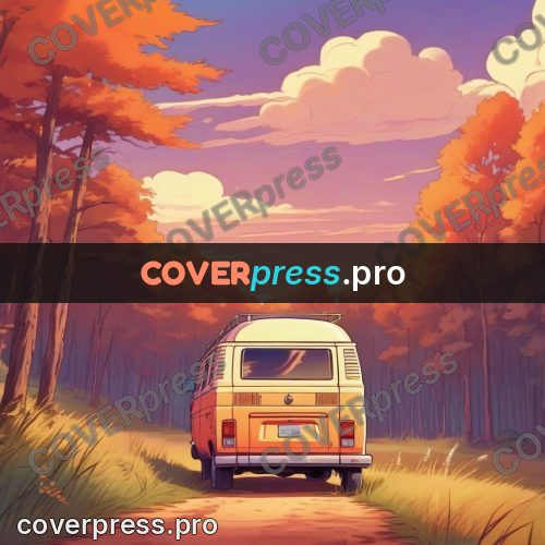 Dreamy illustration: van on a road at sunset