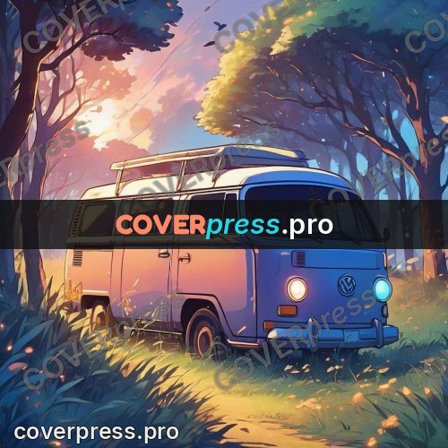 Dreamy illustration: van under trees at night
