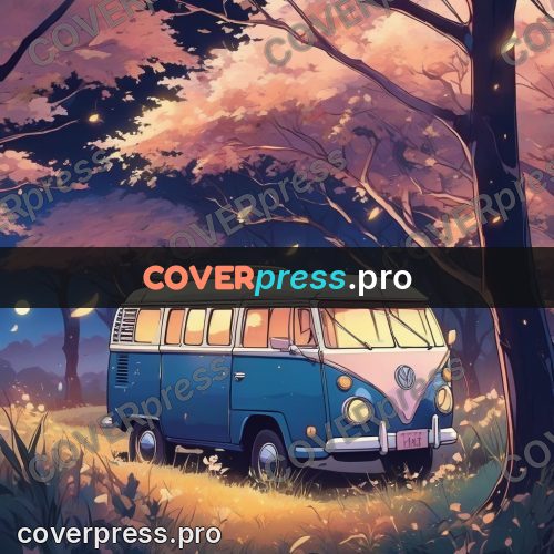 Dreamy illustration: van under trees at night