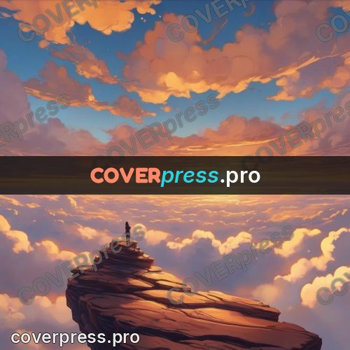 Dreamy illustration: figure on a cliff above clouds