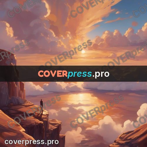 Dreamy illustration: figure on a cliff above clouds