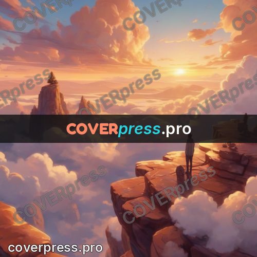 Dreamy illustration: figure on a cliff above clouds