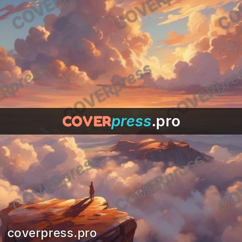 Dreamy illustration: figure on a cliff above clouds